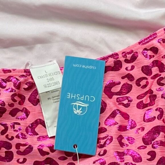 Cupshe Pink Leopard Print One Piece Swimsuit Womens Size Large Shiny Strappy NEW - Picture 10 of 11